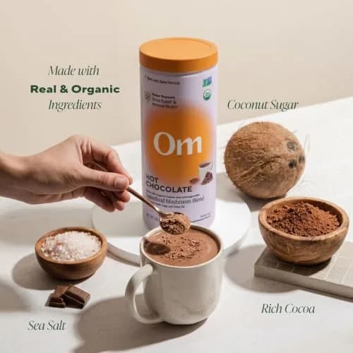 OM MUSHROOM SUPERFOOD Hot Chocolate Blend – Dutch Cocoa Mushroom Powder with Lion’s Mane, Reishi, Chaga & Turkey Tail – Focus, Calm & Stress Support – 2g Sugar, 25 Calories – Single Serve (10 Count) thumbnail 4