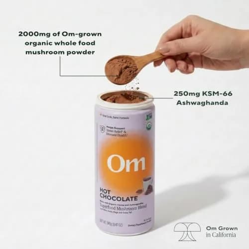OM MUSHROOM SUPERFOOD Hot Chocolate Blend – Dutch Cocoa Mushroom Powder with Lion’s Mane, Reishi, Chaga & Turkey Tail – Focus, Calm & Stress Support – 2g Sugar, 25 Calories – Single Serve (10 Count) thumbnail 5