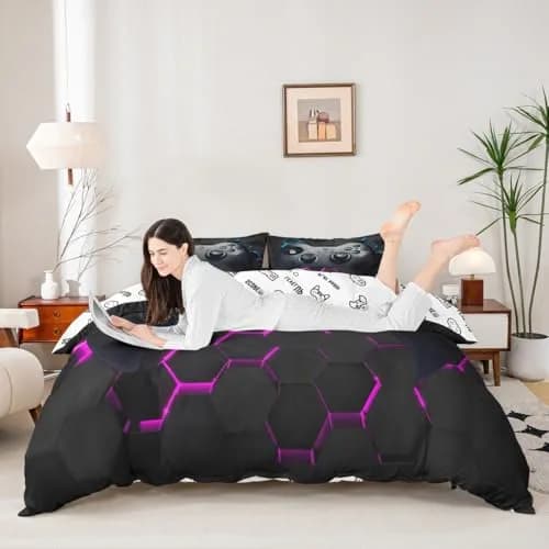 Erose Bridal Twin Size Gamer Duvet Cover Set with Pillow Sham | Black Grey Vintage Controller Pattern thumbnail 5