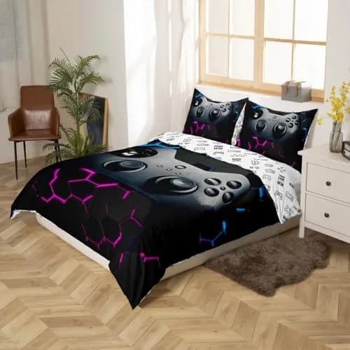 Erose Bridal Twin Size Gamer Duvet Cover Set with Pillow Sham | Black Grey Vintage Controller Pattern thumbnail 6