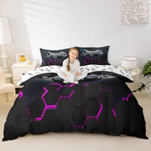 Erose Bridal Twin Size Gamer Duvet Cover Set with Pillow Sham | Black Grey Vintage Controller Pattern thumbnail 2