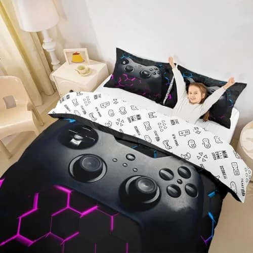 Erose Bridal Twin Size Gamer Duvet Cover Set with Pillow Sham | Black Grey Vintage Controller Pattern thumbnail 3