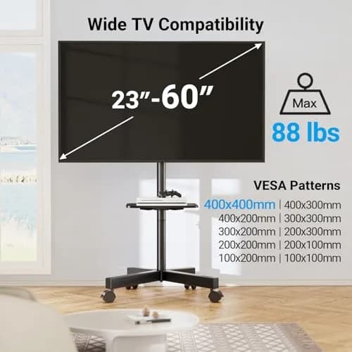 PERLESMITH Rolling TV Stand for 23-60 Inch LCD LED TVs | Supports 88Lbs, Tilt & Lock Wheels, Max VESA 400x400mm, Portable with Shelf thumbnail 5