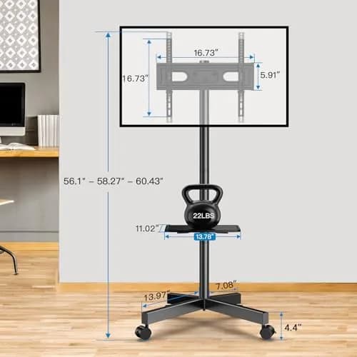 PERLESMITH Rolling TV Stand for 23-60 Inch LCD LED TVs | Supports 88Lbs, Tilt & Lock Wheels, Max VESA 400x400mm, Portable with Shelf thumbnail 9