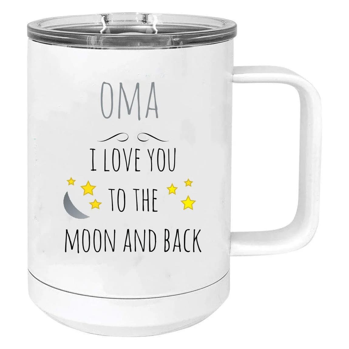 CustomGiftsNow Oma - I Love you to the Moon and Back Stainless Steel Vacuum Insulated 15 Oz Travel Coffee Mug with Slider Lid, White | White 443ml (15 Fl Oz) Mug - main product image