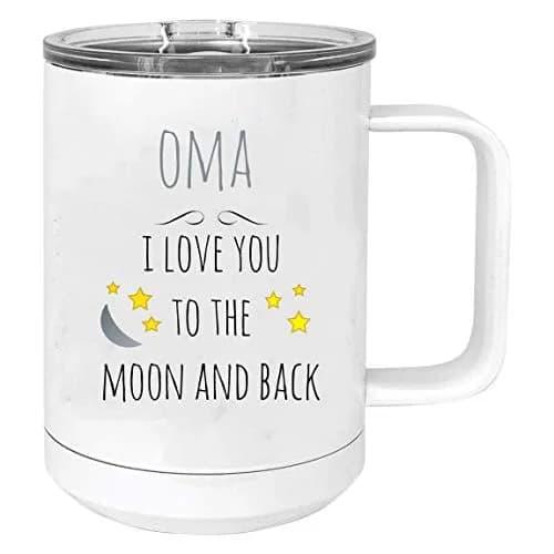 CustomGiftsNow Oma - I Love you to the Moon and Back Stainless Steel Vacuum Insulated 15 Oz Travel Coffee Mug with Slider Lid, White | White 443ml (15 Fl Oz) Mug thumbnail 1