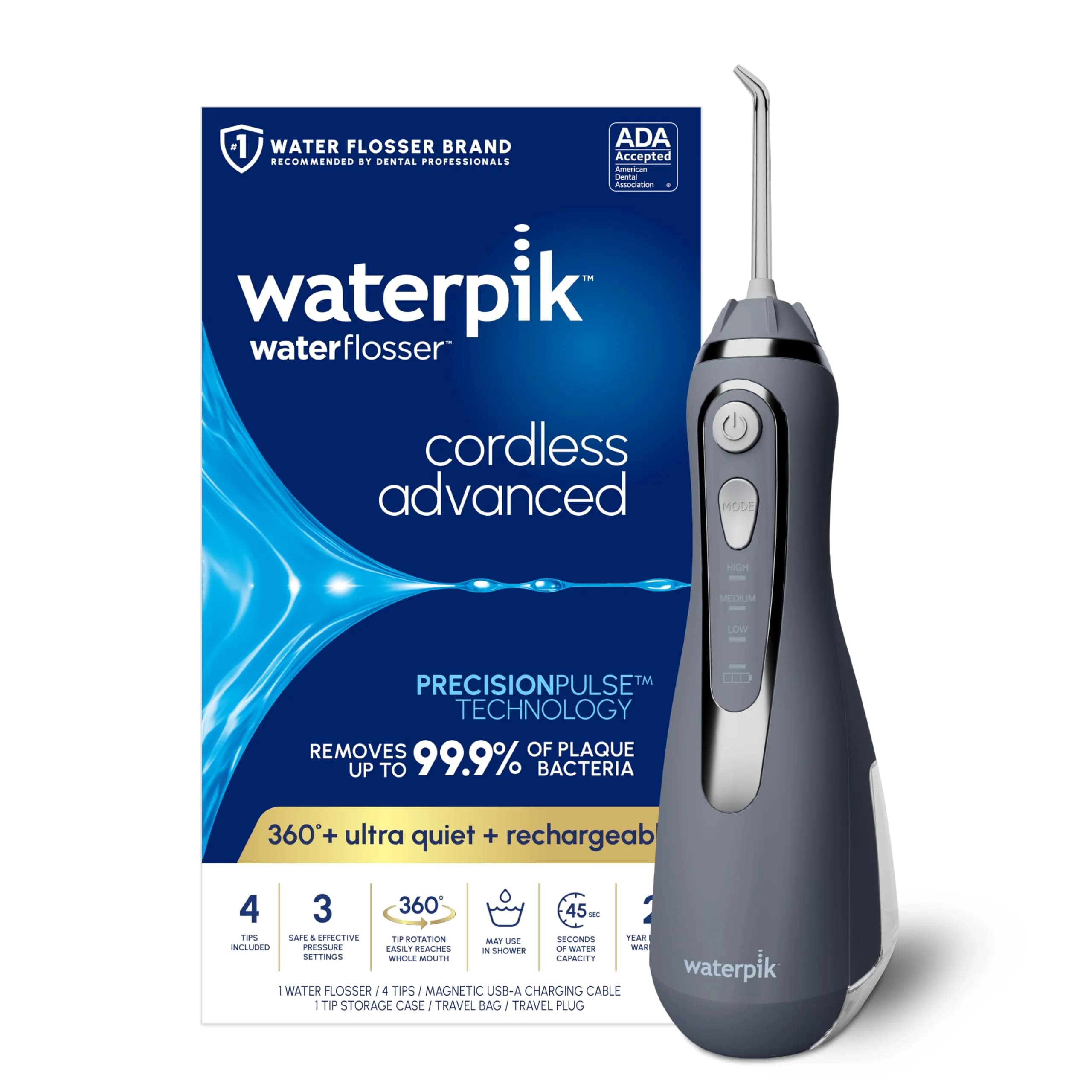 Waterpik Cordless Advanced Portable Water Flosser Gray 203ml (7 Fl Oz) | ADA Accepted Oral Irrigator
