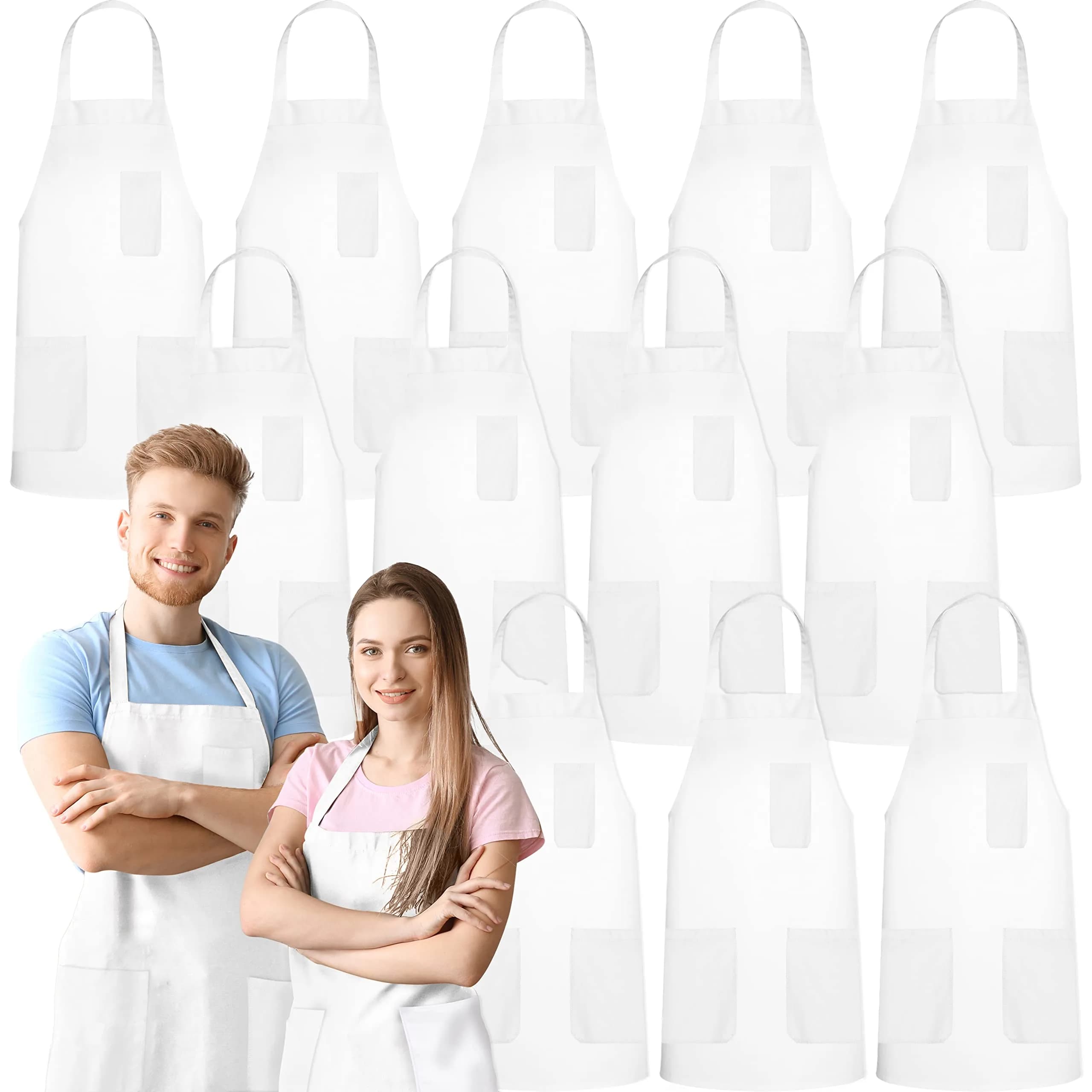 GREEN LIFESTYLE 12 Pack Chef Apron with Pockets | Waterproof Cooking Apron for Men & Women (12 Pack, White)
