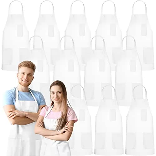 GREEN LIFESTYLE 12 Pack Chef Apron with Pockets | Waterproof Cooking Apron for Men & Women (12 Pack, White) thumbnail 1