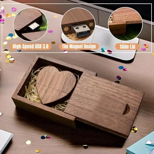 FEWINA 32GB Walnut Wood Heart USB 3.0 Flash Drive with Gift Box | High-Speed Data Storage thumbnail 4