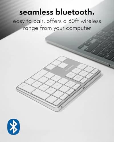 Macally BTNUMKEYPRO Rechargeable Bluetooth Number Pad 11.4cm (4.5") | Slim Aluminum Wireless 35-Key Numpad for Mac, iPad, Windows thumbnail 2