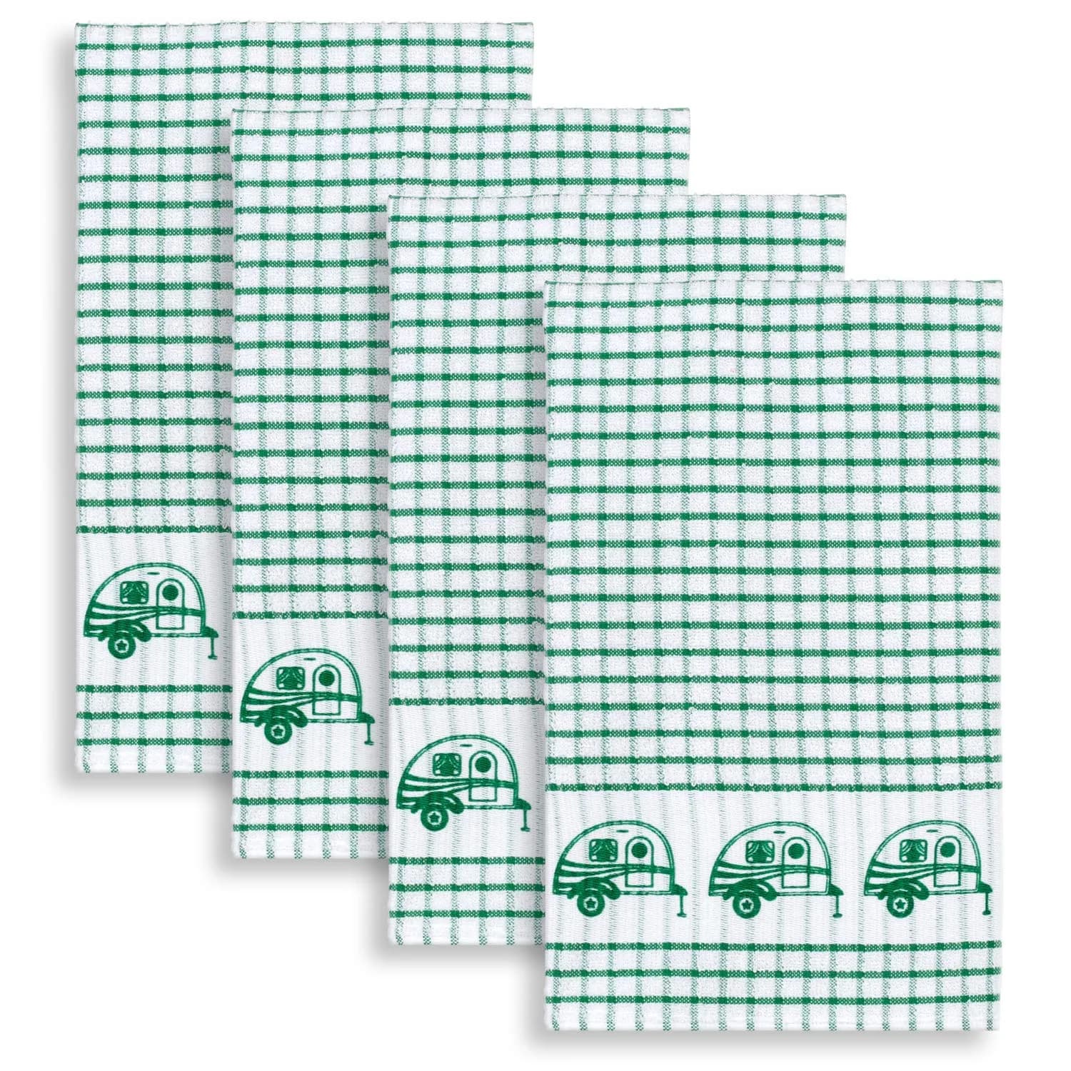 Cackleberry Home Retro Camper Windowpane Check Cotton Terrycloth Kitchen Towels, Set of 4 (Green) | 45.7 x 71.1 cm (18 x 28 inches) - main product image
