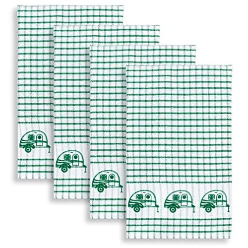 Cackleberry Home Retro Camper Windowpane Check Cotton Terrycloth Kitchen Towels, Set of 4 (Green) | 45.7 x 71.1 cm (18 x 28 inches) thumbnail 1