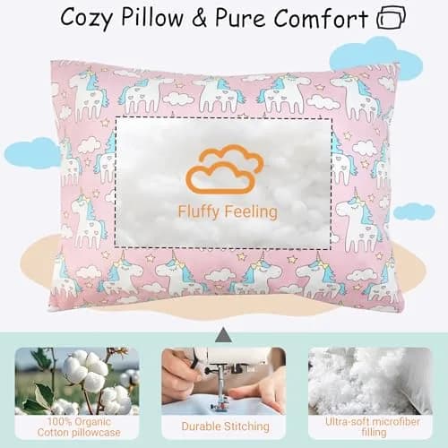 ZPECC Toddler Pillow with Pillowcase 13x18 Organic Cotton Hypoallergenic Pink Unicorn | Baby Essentials for Travel & Nursery thumbnail 5