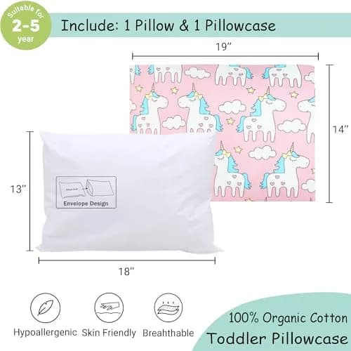 ZPECC Toddler Pillow with Pillowcase 13x18 Organic Cotton Hypoallergenic Pink Unicorn | Baby Essentials for Travel & Nursery thumbnail 2