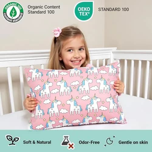 ZPECC Toddler Pillow with Pillowcase 13x18 Organic Cotton Hypoallergenic Pink Unicorn | Baby Essentials for Travel & Nursery thumbnail 3