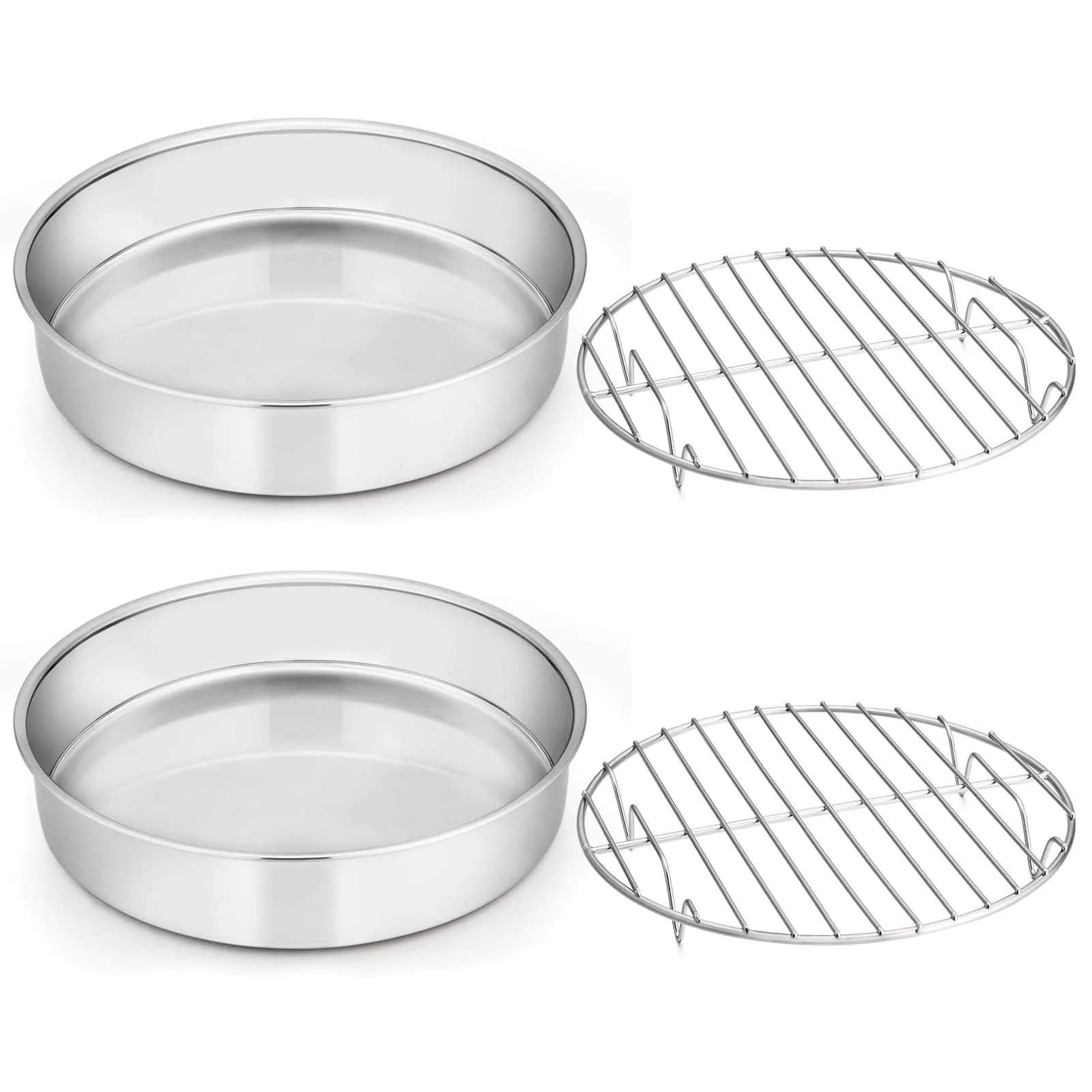 E-far 9½-inch Cake Pan with Rack Set, Stainless Steel Round Bakeware, 4 Pieces | Healthy & Dishwasher Safe - main product image