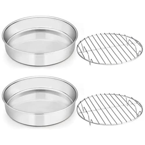 E-far 9½-inch Cake Pan with Rack Set, Stainless Steel Round Bakeware, 4 Pieces | Healthy & Dishwasher Safe thumbnail 1
