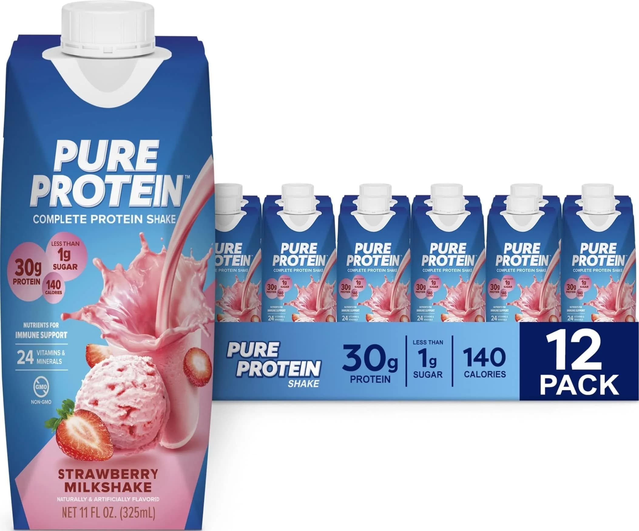 Pure Protein Vanilla Protein Shake 355ml (11 Fl Oz) | 30g Complete Protein, Low Sugar, Keto-Friendly — Strawberry / Shakes