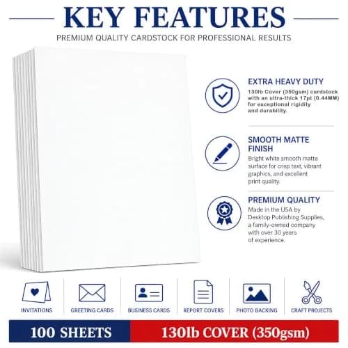 Desktop Publishing Supplies Extra Heavy Duty Bright White Cardstock 130lb Cover (350gsm) 8.5" x 11" - 100 Sheets | Ultra Heavy Matte Paper for Commercial Printing thumbnail 3