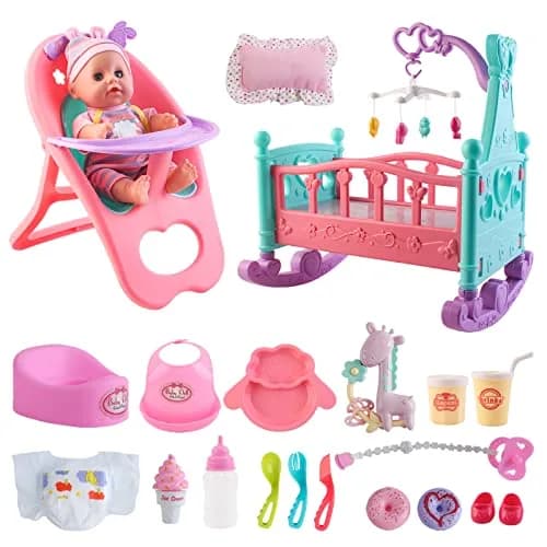 deAO Baby Doll Play Set with Crib, High Chair & Accessories, 12" Doll | Ages 3+ thumbnail 1