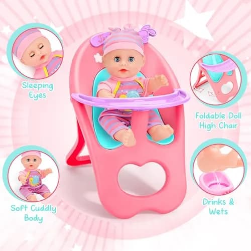 deAO Baby Doll Play Set with Crib, High Chair & Accessories, 12" Doll | Ages 3+ thumbnail 4