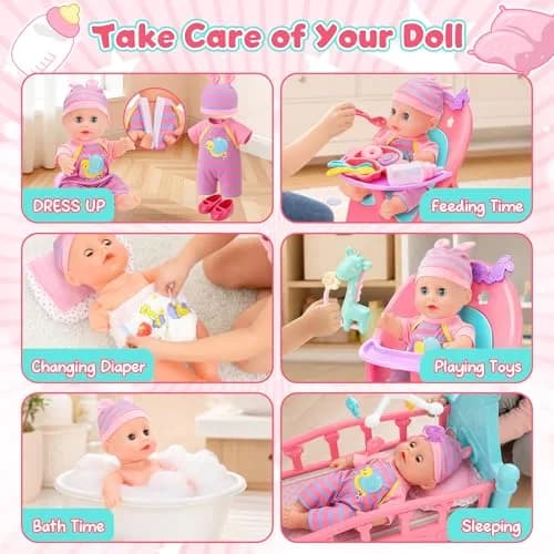 deAO Baby Doll Play Set with Crib, High Chair & Accessories, 12" Doll | Ages 3+ thumbnail 3