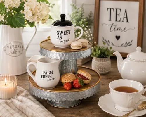 Homestyle Table Cream & Sugar Set Ceramic Farmhouse Decor | 9oz Creamer & 11oz Sugar Bowl, Black & White thumbnail 6
