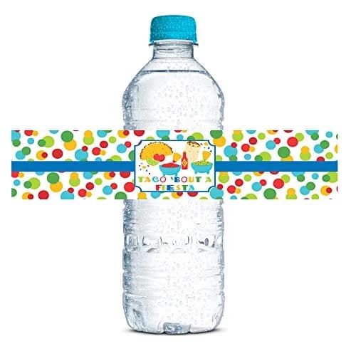 Amanda Creation Fiesta Water Bottle Labels, 20 Waterproof Vinyl 1.75 x 8.5 Inch Taco Bout a Party Mexican Birthday Wraps, Made in USA thumbnail 1