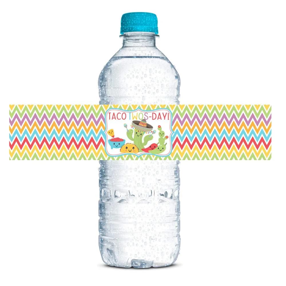 Amanda Creation Taco TWOS-Day Second Birthday Fiesta Party Waterproof Water Bottle Sticker Wrappers | 20 Labels, 1.75" x 8.5" - main product image