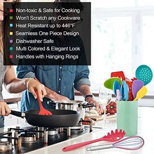 LIANYU 12-Piece Silicone Kitchen Cooking Utensils Set with Holder, Multi Color | Food Grade & Heat Resistant thumbnail 3