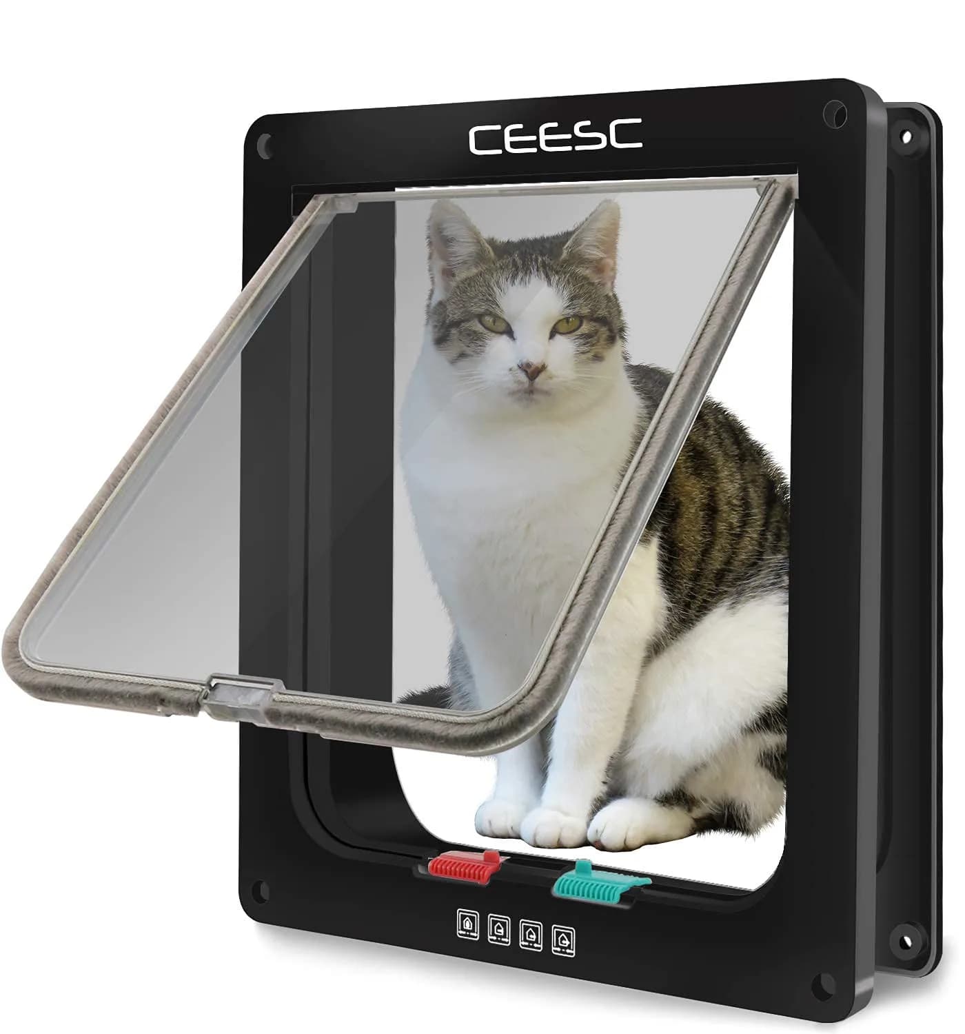 CEESC X-Large Cat Door for Pets up to 25 lbs, Weatherproof, White | 4-Way Lock Pet Door for Cats & Small Dogs — Black