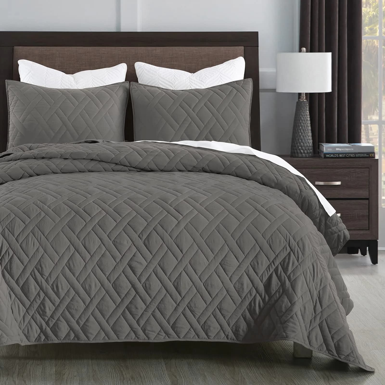 HORIMOTE HOME Quilt Set King Size Grey | Classic Geometric Diamond Pattern, Ultra Soft Microfiber, All Season Lightweight Bedspread Coverlet