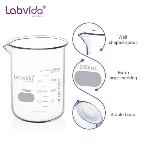 Labvida 4pcs 250ml Borosilicate Glass Beakers | ASTM E960 Compliant, Heat Resistant, Chemical Resistant, 250ml Capacity thumbnail 2