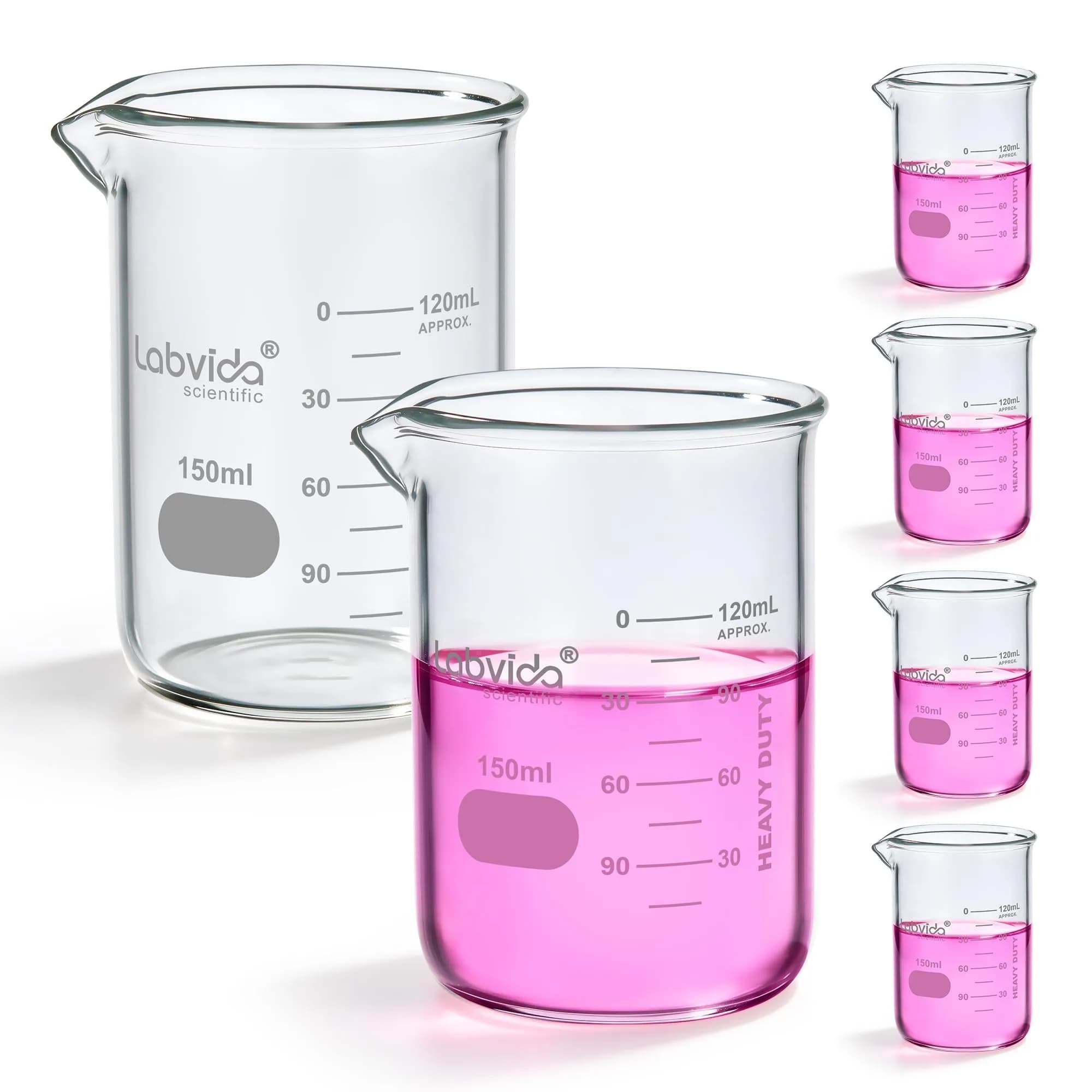 Labvida 6pcs 150ml Borosilicate Glass Beakers | ASTM E960 Compliant, Heat Resistant, Chemical Resistant, Spout & Graduation (120c) - main product image