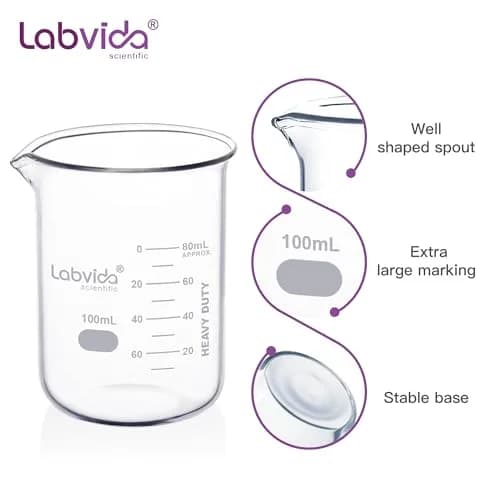 Labvida 12pcs 100ml Thick Glass Beakers | ASTM E960 Compliant, Low Form, Double Scale thumbnail 3