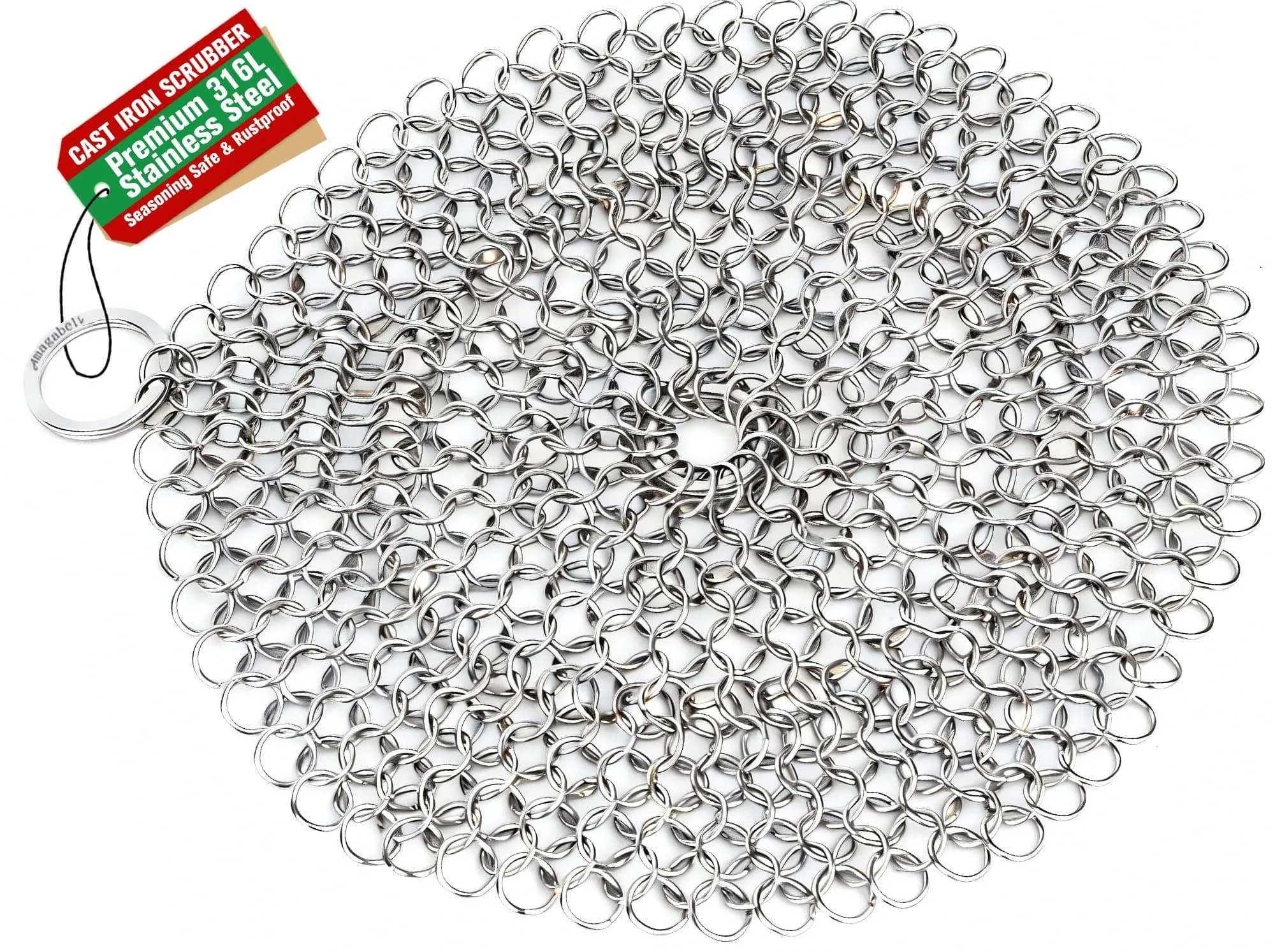 AMAGABELI GARDEN & HOME 7-inch Cast Iron Cleaner | Stainless Steel Chainmail Scrubber for Griddles, Woks, Pots (Silver) — 7"x7"