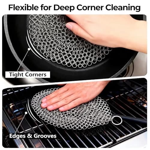 AMAGABELI GARDEN & HOME 7-inch Cast Iron Cleaner | Stainless Steel Chainmail Scrubber for Griddles, Woks, Pots (Silver) thumbnail 7