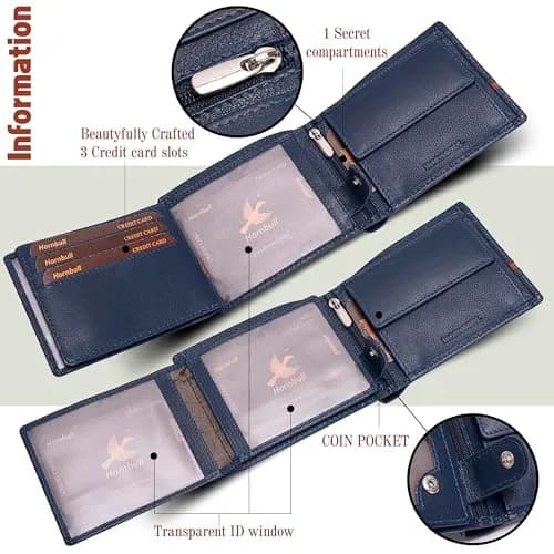 HORNBULL Denial Leather Wallet for Men | Men's RFID Blocking Two Fold Wallet Navy 11.4cm x 9.4cm x 2.9cm | Genuine Leather Bi-Fold with RFID Protection thumbnail 6