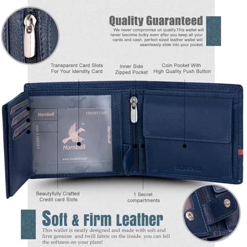 HORNBULL Denial Leather Wallet for Men | Men's RFID Blocking Two Fold Wallet Navy 11.4cm x 9.4cm x 2.9cm | Genuine Leather Bi-Fold with RFID Protection thumbnail 8