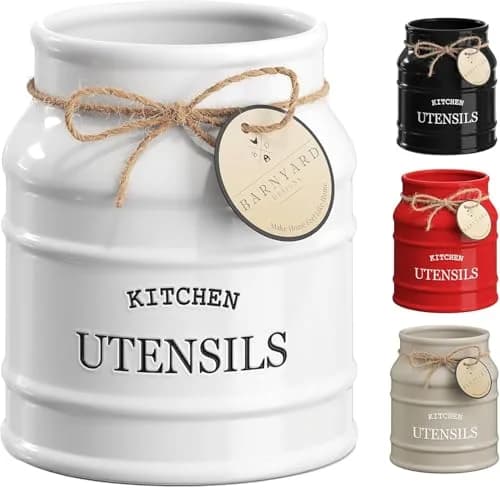 Barnyard Designs Ceramic Kitchen Utensil Holder Countertop 6.75" (White) | Rustic Farmhouse Decor thumbnail 1