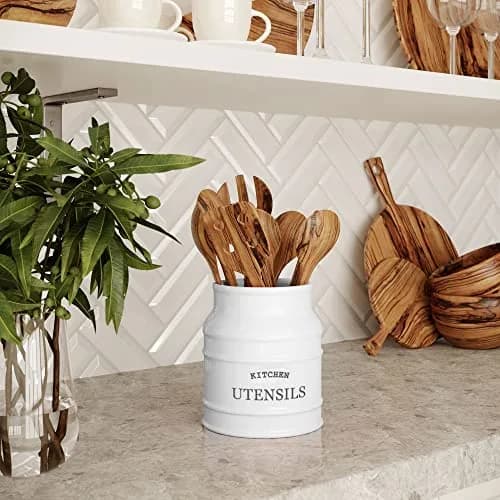 Barnyard Designs Ceramic Kitchen Utensil Holder Countertop 6.75" (White) | Rustic Farmhouse Decor thumbnail 5