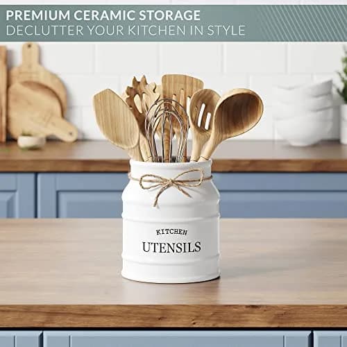 Barnyard Designs Ceramic Kitchen Utensil Holder Countertop 6.75" (White) | Rustic Farmhouse Decor thumbnail 6