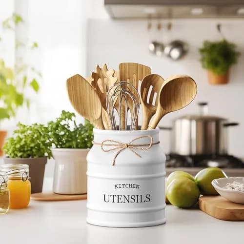 Barnyard Designs Ceramic Kitchen Utensil Holder Countertop 6.75" (White) | Rustic Farmhouse Decor thumbnail 2