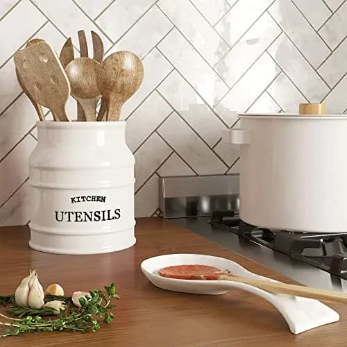 Barnyard Designs Ceramic Kitchen Utensil Holder Countertop 6.75" (White) | Rustic Farmhouse Decor thumbnail 3