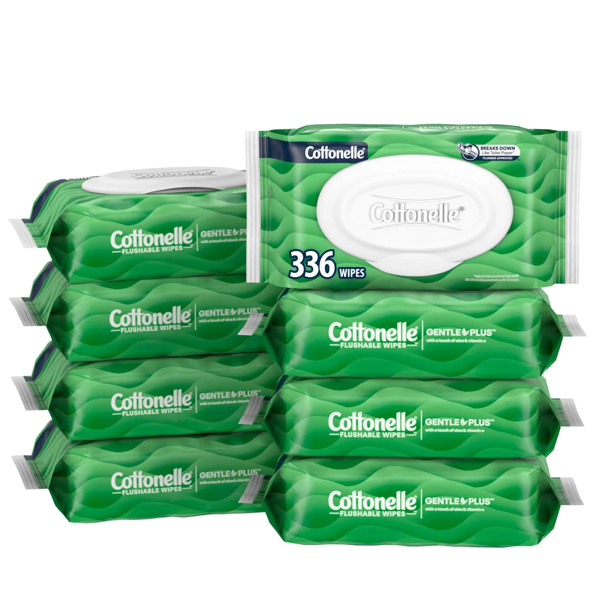 Cottonelle GentlePlus Flushable Wipes 42 Wipes per Pack (8 Packs Total) | Septic-Safe & Gentle for All Skin Types