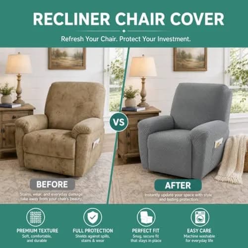 YEMYHOM 4-Piece Stretch Recliner Slipcover Set Light Gray | Modern Jacquard Furniture Protector with Side Pocket thumbnail 7