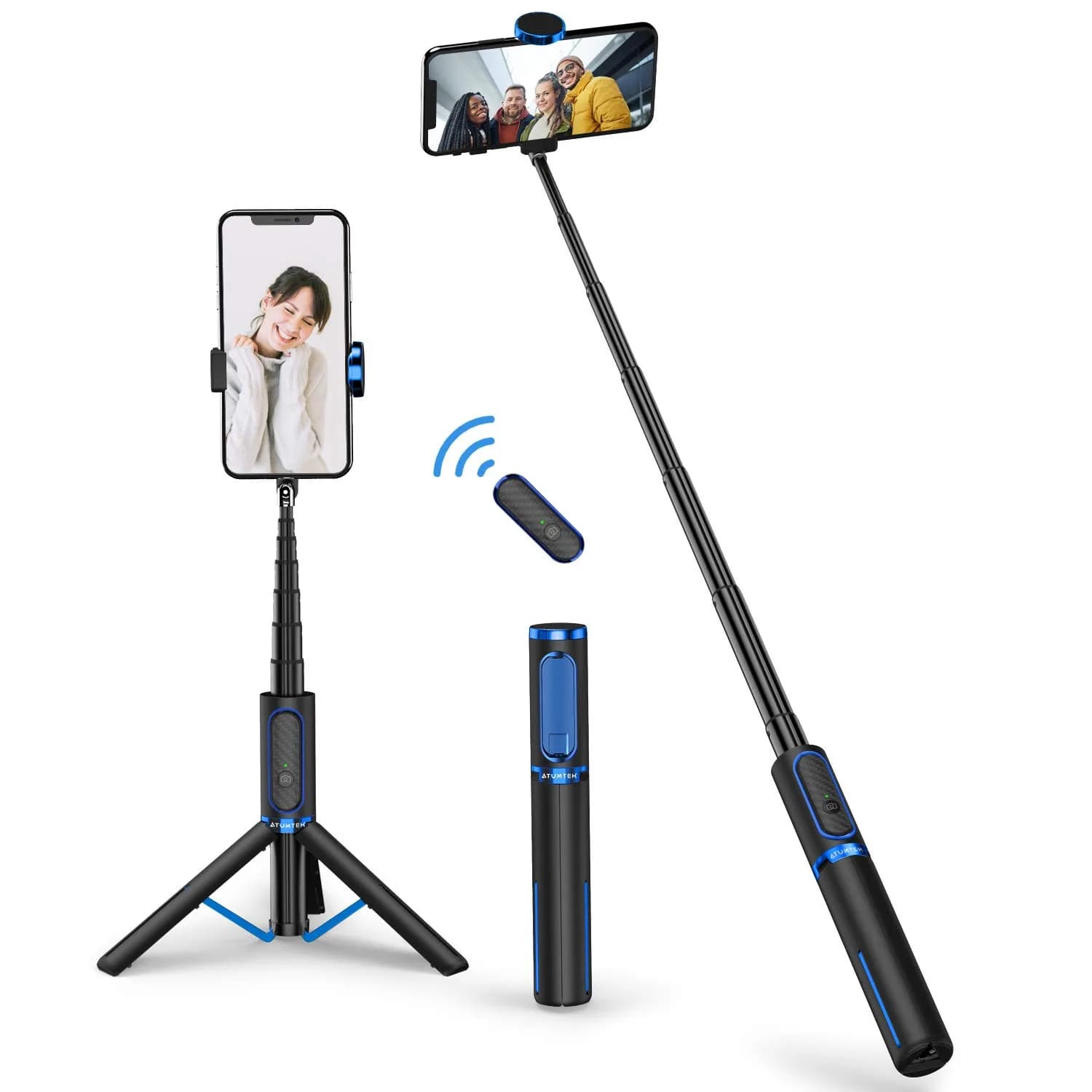 ATUMTEK Selfie Stick Tripod with Bluetooth Remote, 7.7"-31.3" Extendable Aluminum Pole for iPhone & Samsung Smartphones, Red | Integrated 3-in-1 Design — Blue