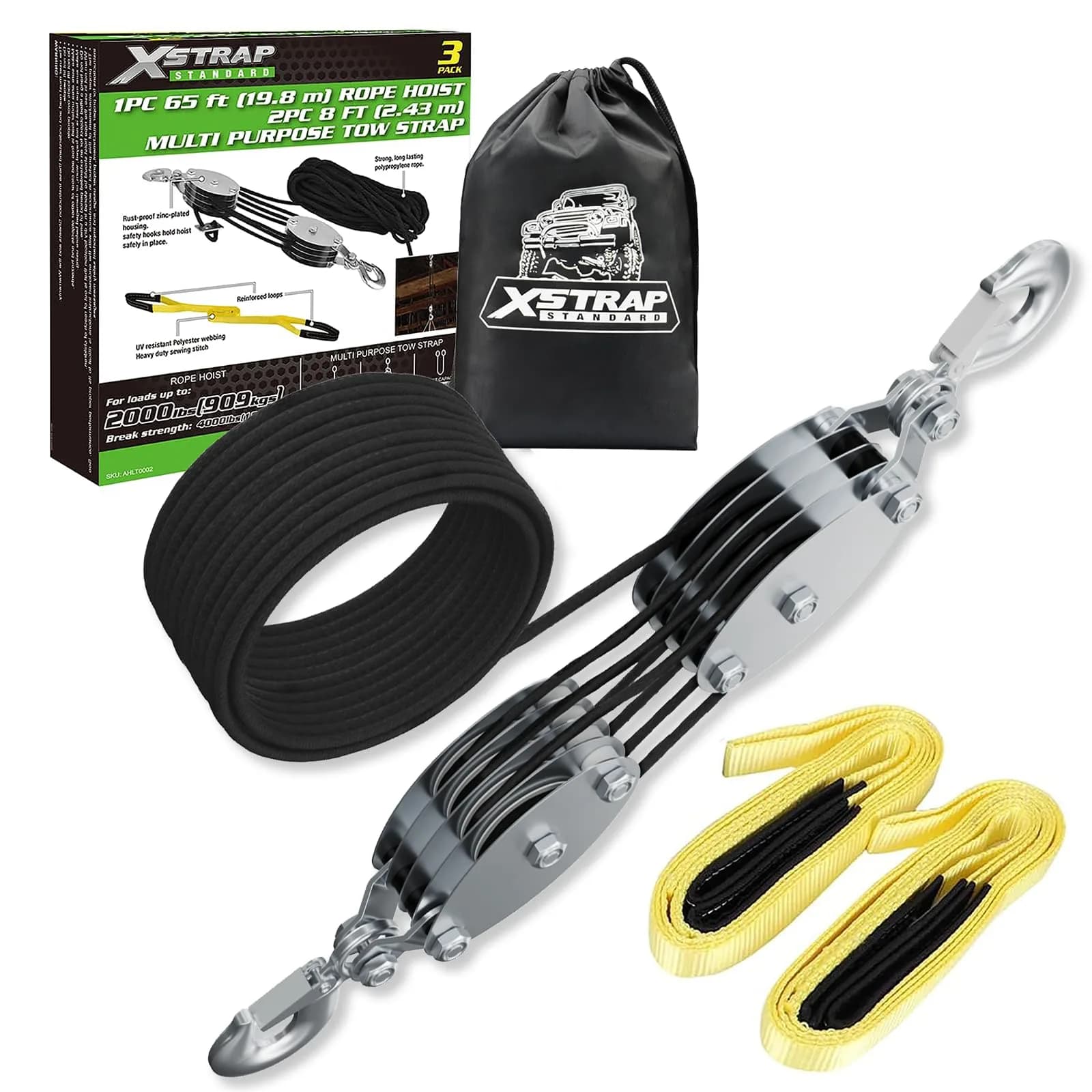 XSTRAP STANDARD 65ft (19.8m) Rope Hoist with 2x 8ft (2.4m) Lift Slings | 4000 lbs Break Strength