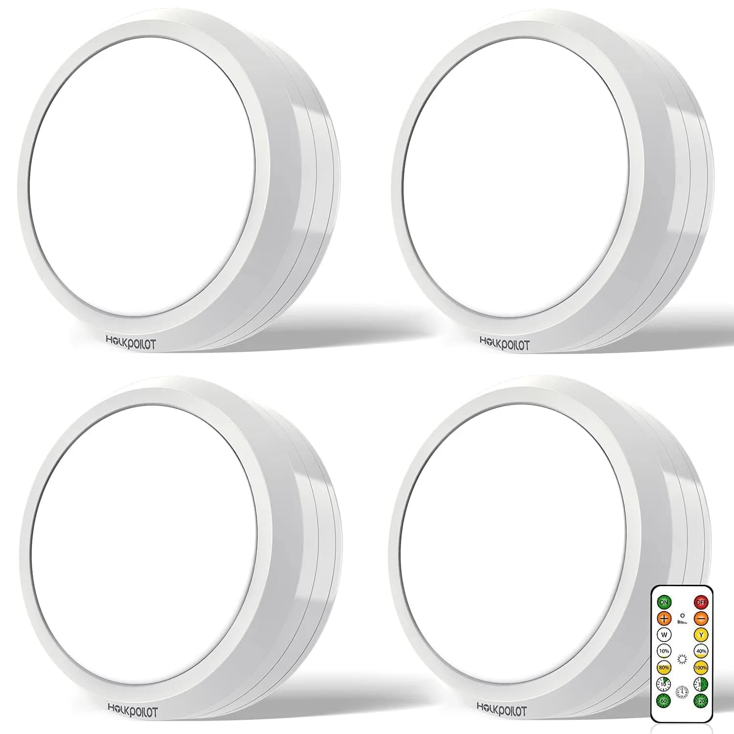 HOLKPOILOT White 4pack Light Fixture | Wireless Under Cabinet Puck Lights with Remote